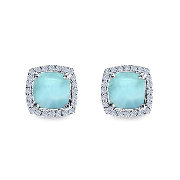 Cushion Cut Stud Earrings Natural Larimar 925 Sterling Silver
